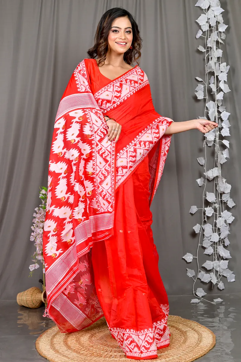 Red White Cotton Blended Parv Jamdani Saree (559)