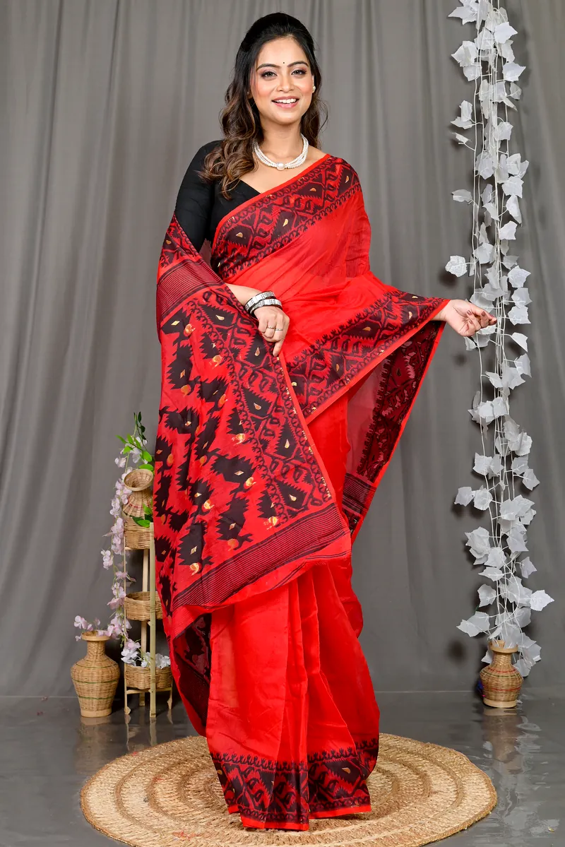 Maroon Cotton Blended Parv Jamdani Saree (561)