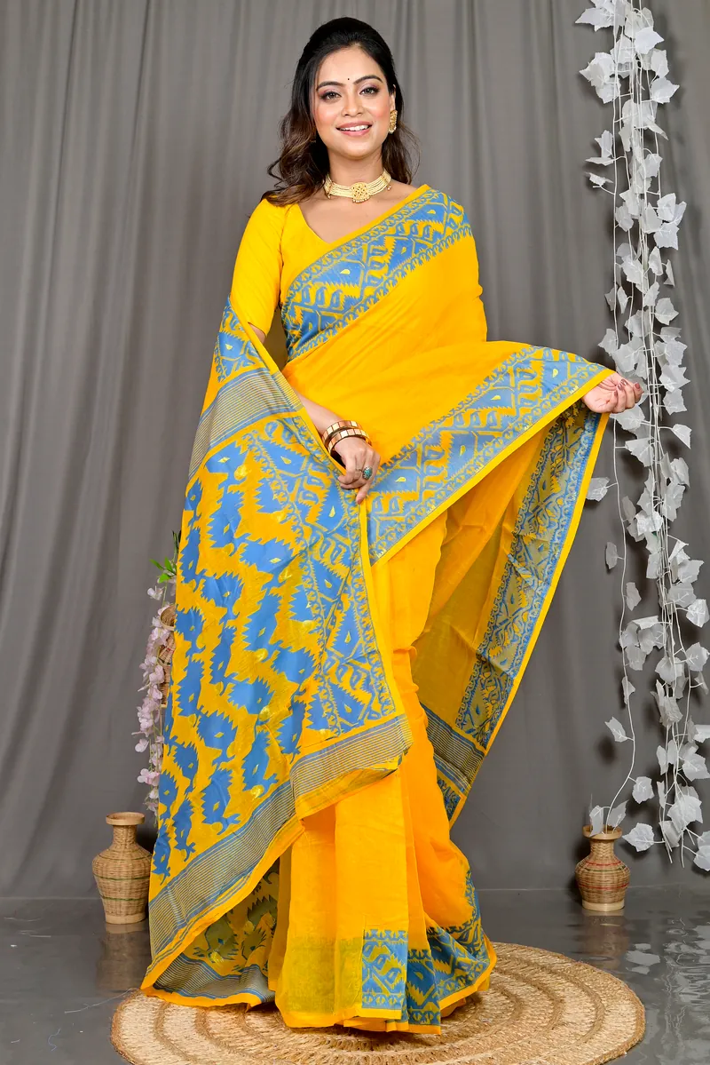 Yellow Blue Cotton Blended Parv Jamdani Saree (562)