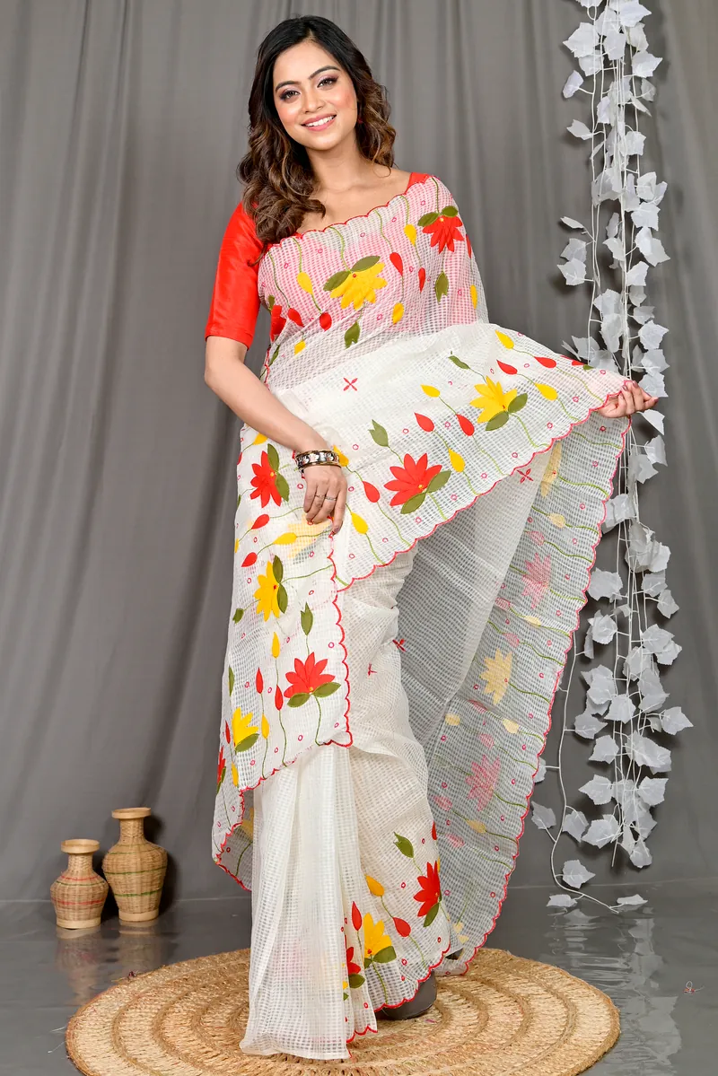 White Kota Cotton Parva Applique Saree (564)