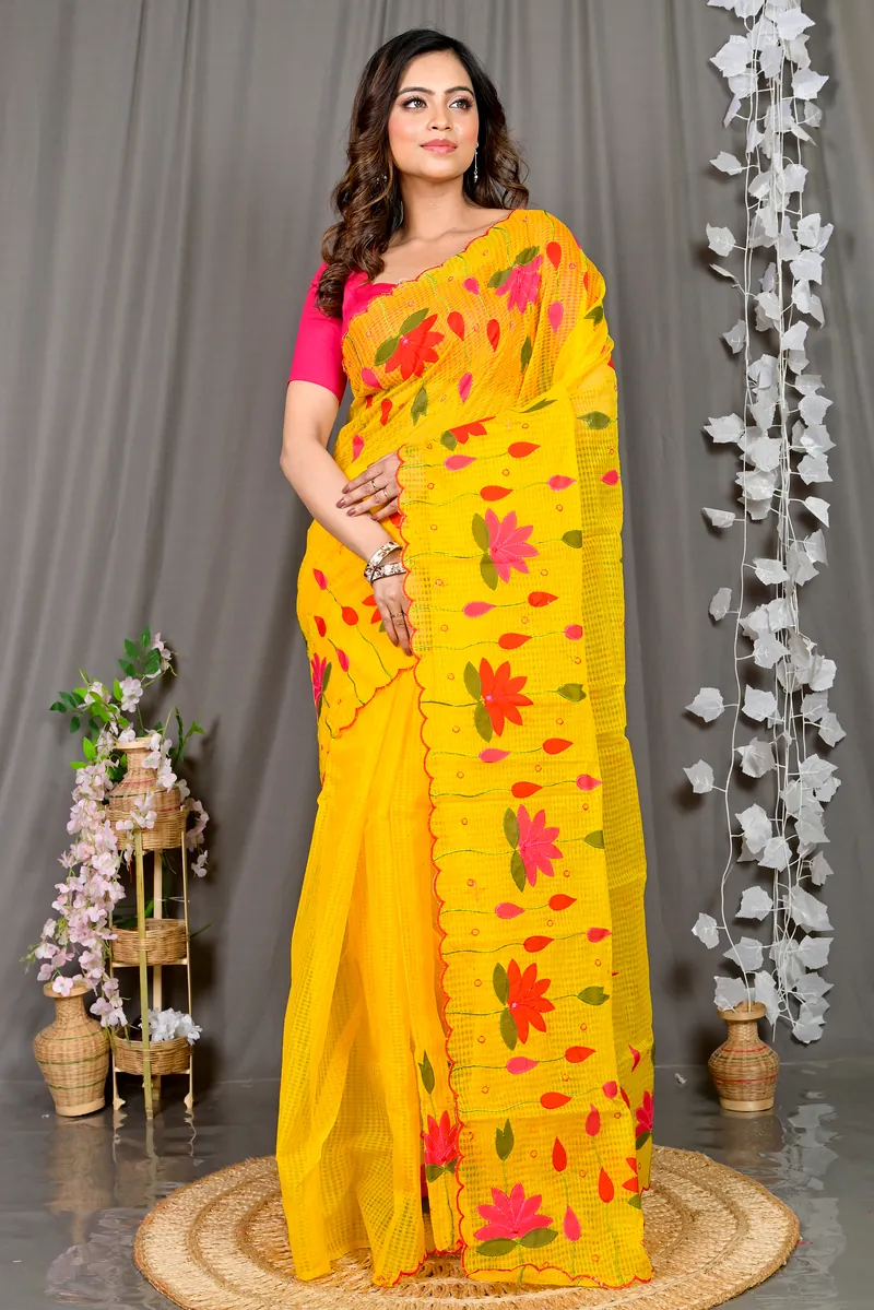 Yellow Kota Cotton Parva Applique Saree (566)