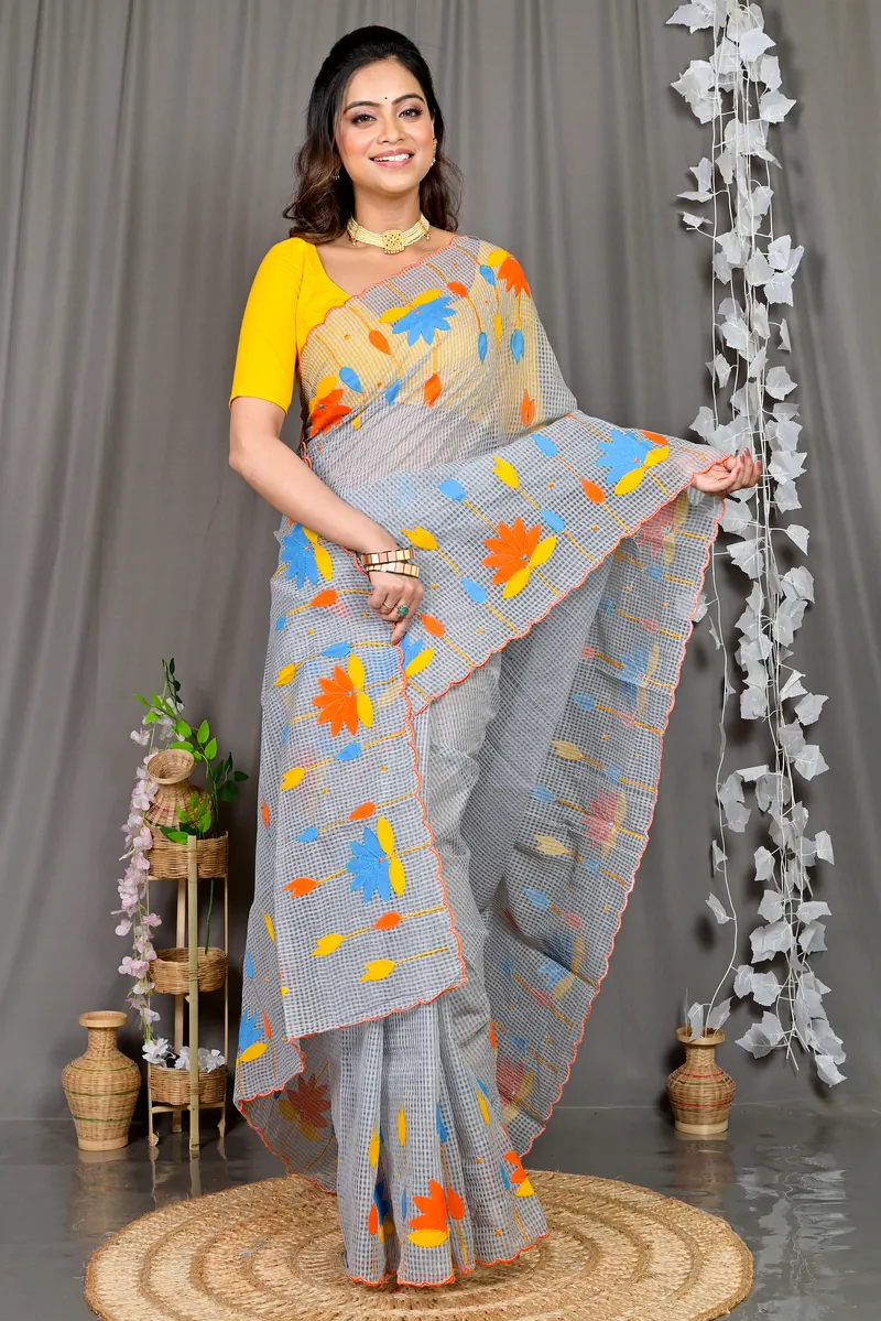 Grey Kota Cotton Parva Applique Saree (568)
