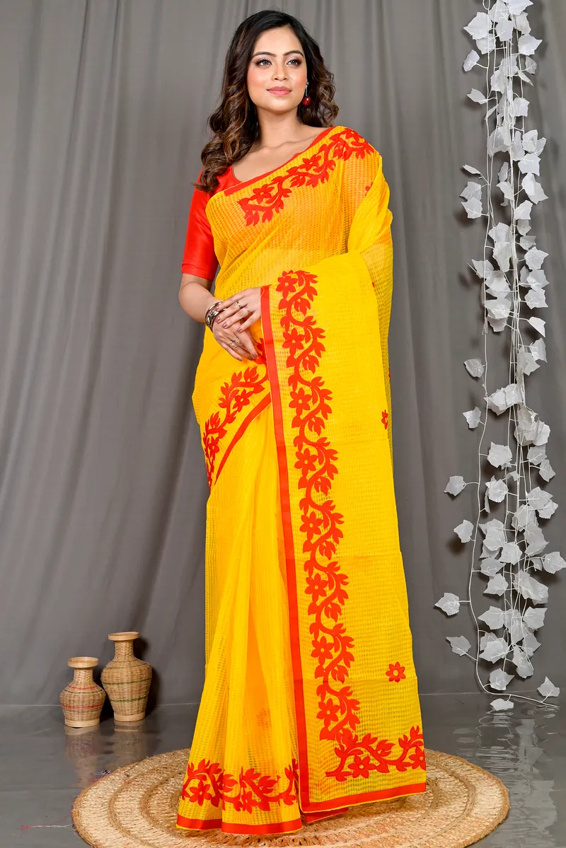 Yellow Red Kota Cotton Parvani Applique Saree (569)