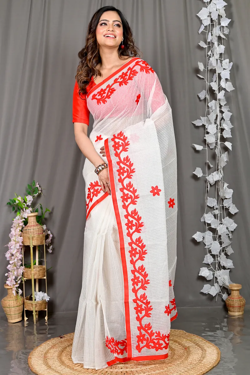 White Red Kota Cotton Parvani Applique Saree (570)