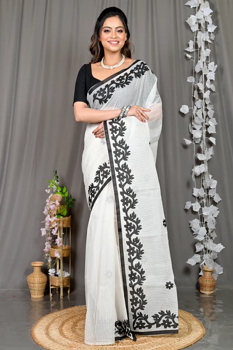 White Kota Cotton Parvani Applique Saree (572)
