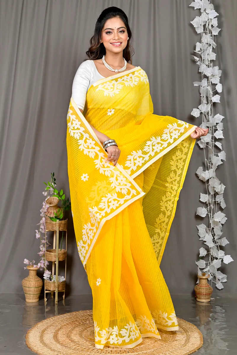 Yellow Kota Cotton Parvani Applique Saree (573)