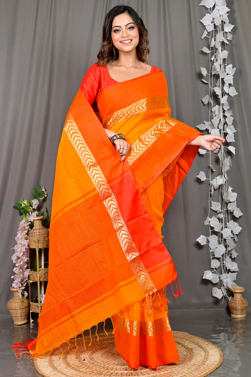 Orange Red Pure Cotton Parvin Tant Saree (576)