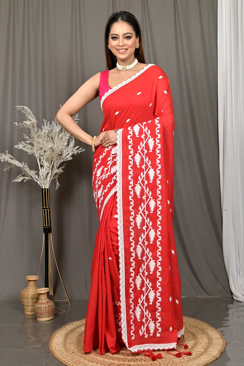 Red Cotton Parepu Handloom Saree  (58)