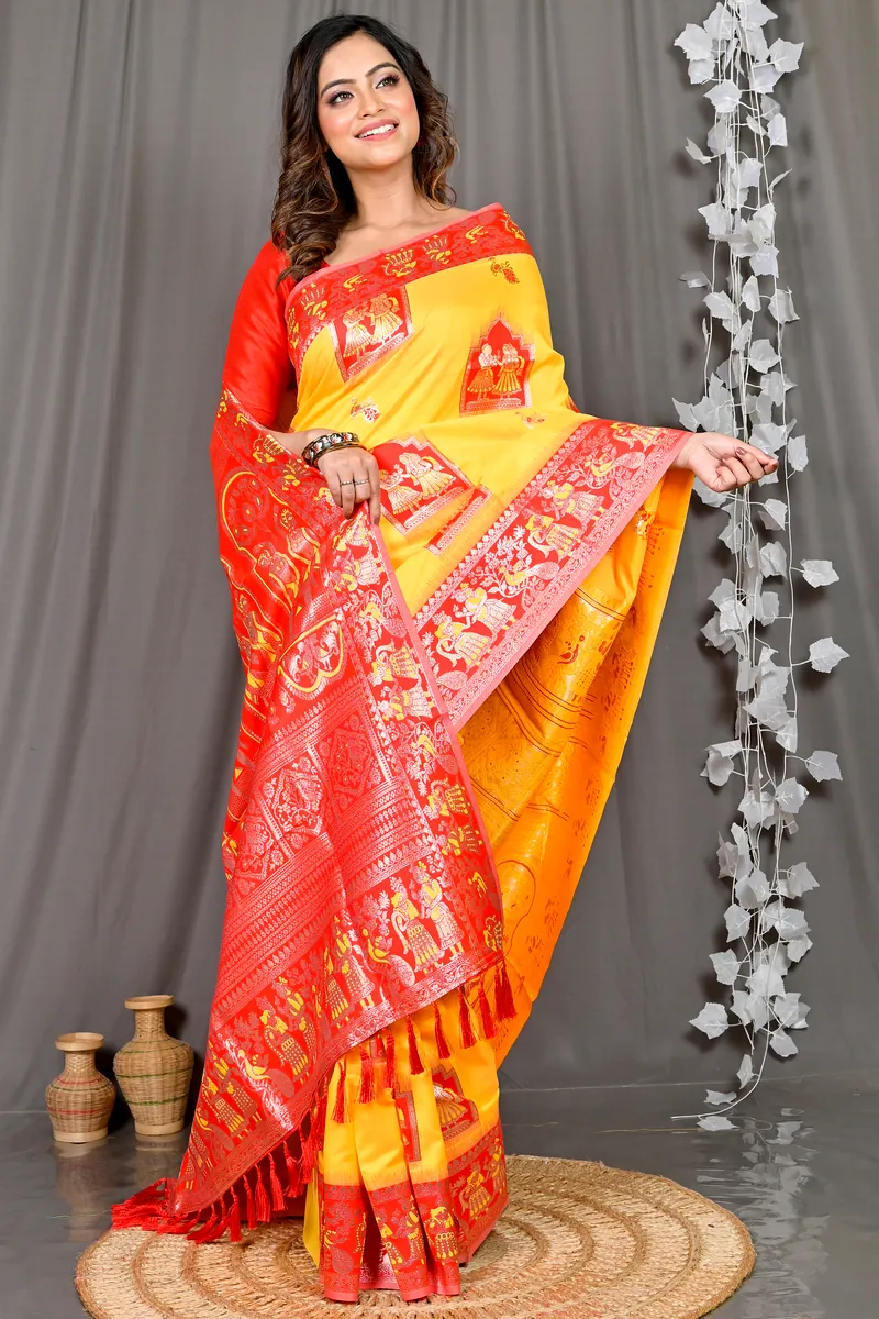 Yellow Red Cotton Silk Parza Baluchari Saree (582)