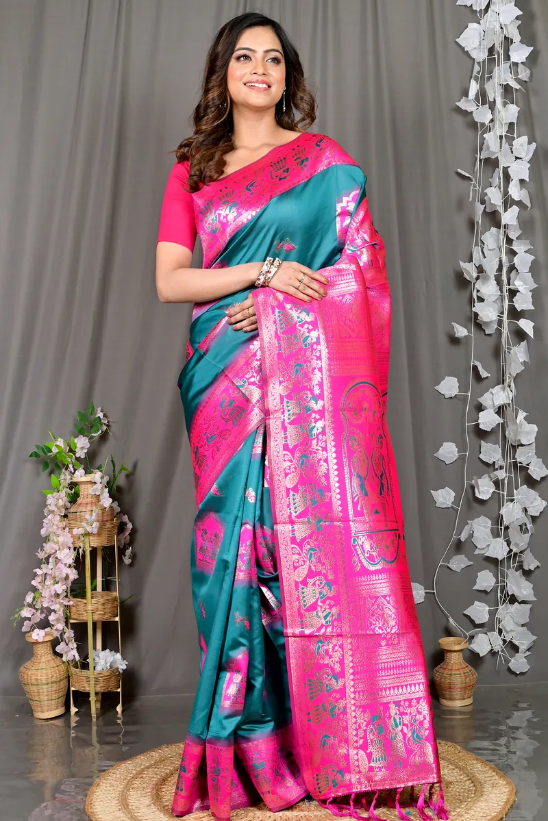 Green Pink Cotton Silk Parza Baluchari Saree (583)