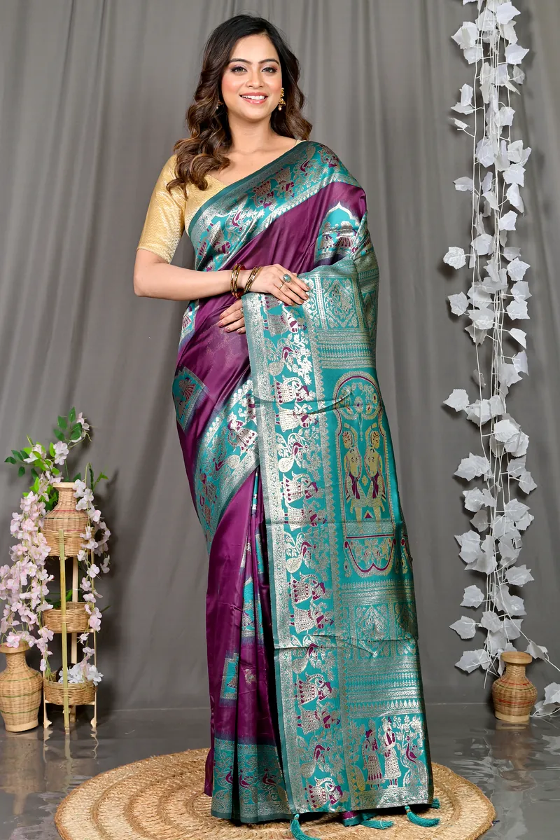 Violet Green Cotton Silk Parza Baluchari Saree (586)