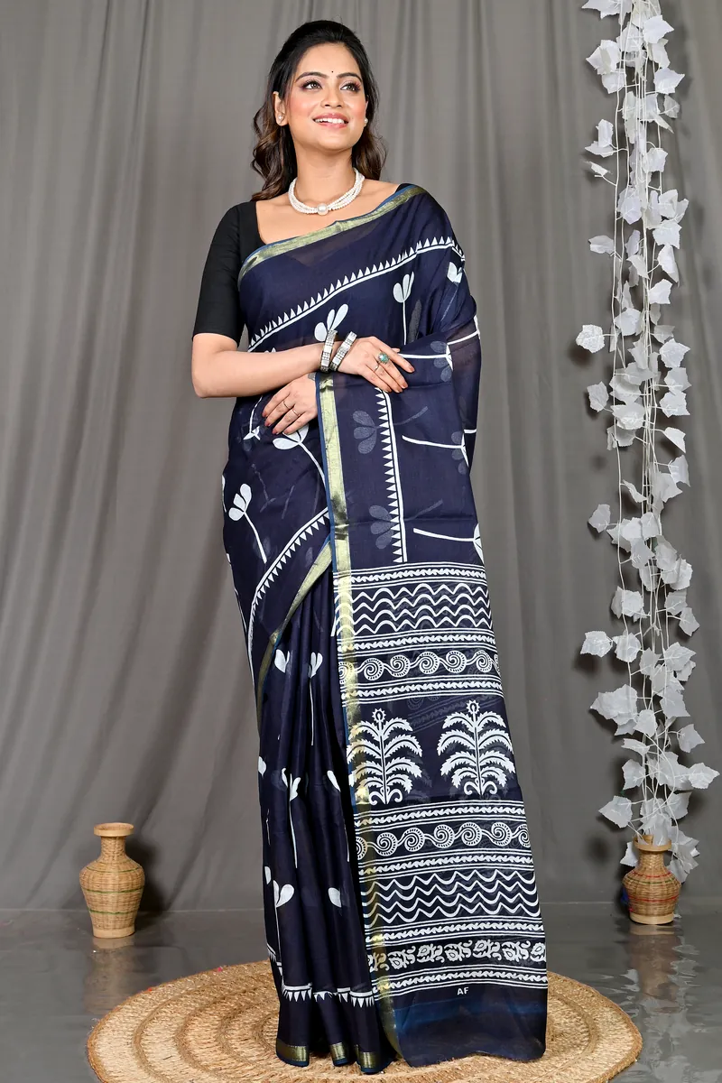 Blue Whitre Cotton Soumava Printed Handloom Saree (588)