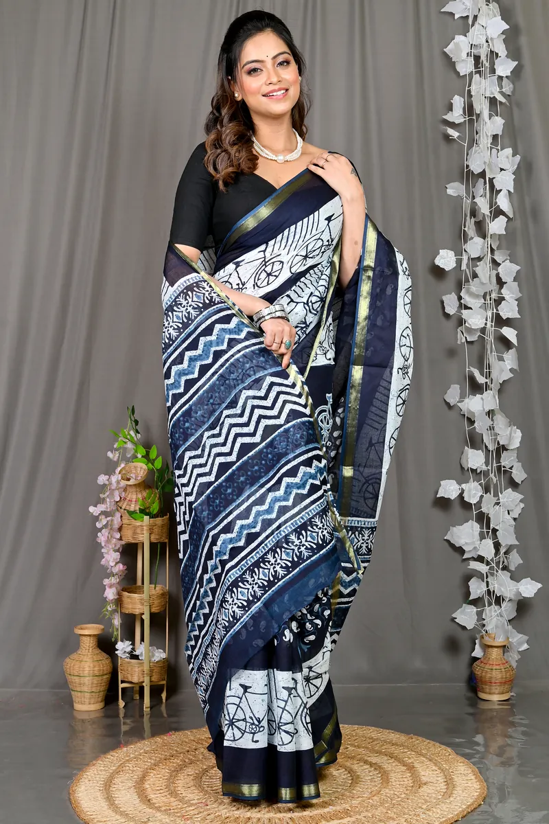Blue White Cotton Soumava Printed Handloom Saree (589)