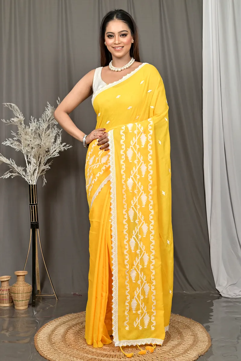 Yellow Cotton Parepu Handloom Saree  (59)
