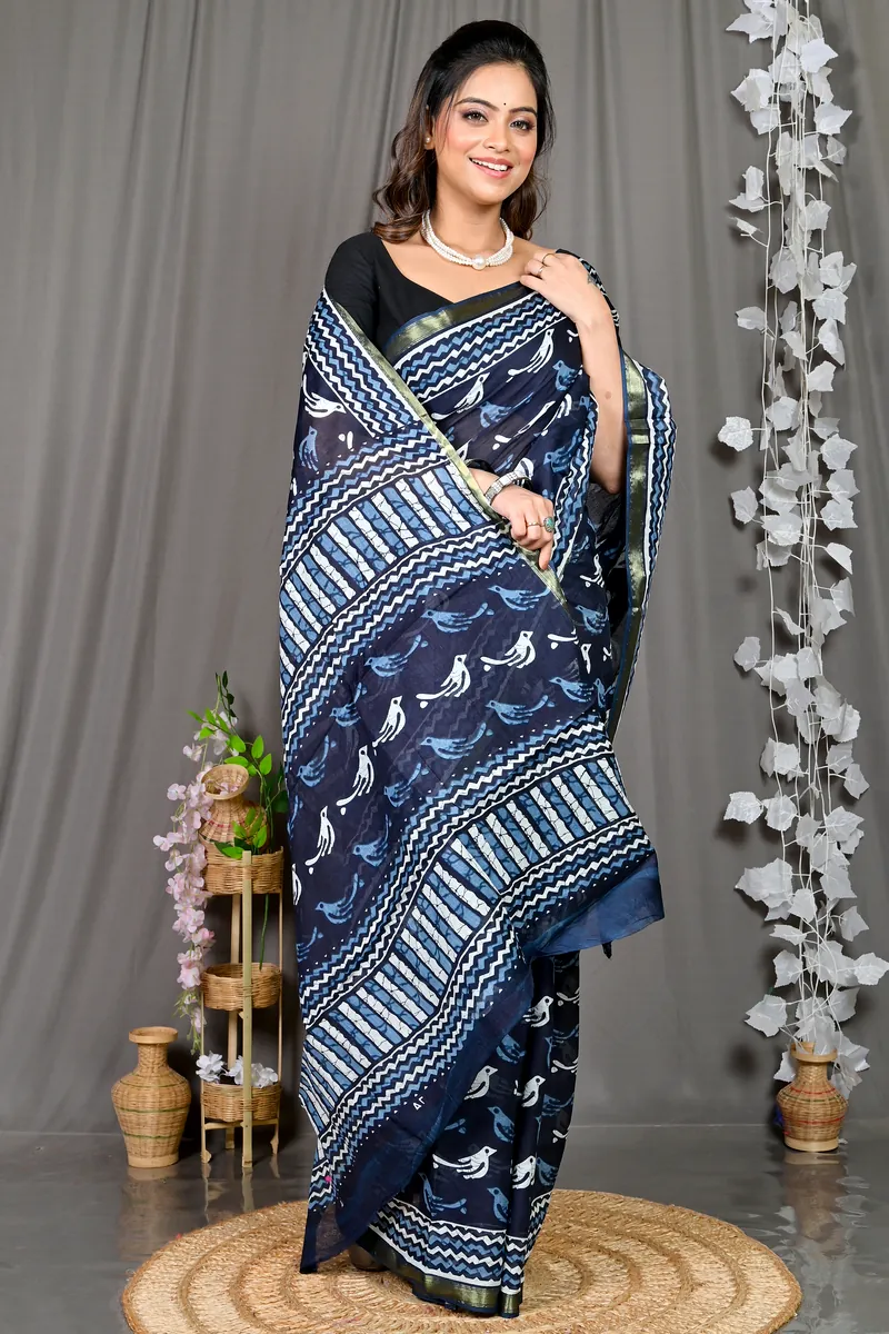 Blue White Cotton Soumava Printed Handloom Saree (590)