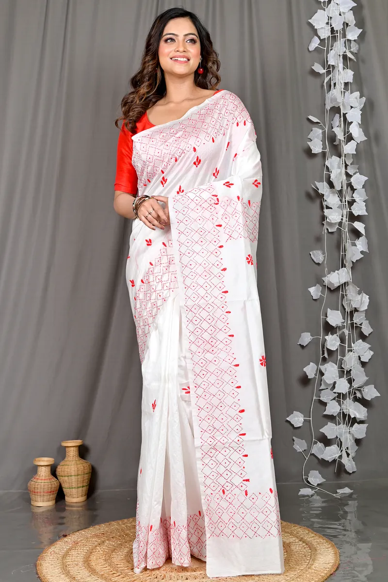 White Cotton Blended Soumika Kantha Stitch Saree (591)