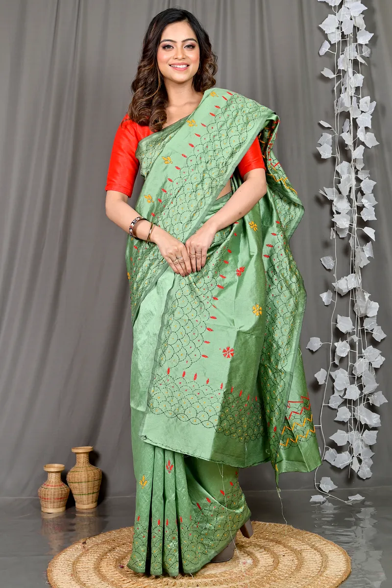 Emerald Green Cotton Blended Soumika Kantha Stitch Saree (592)