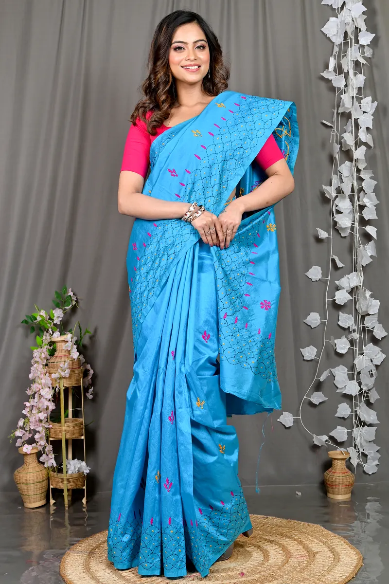 Sky Blue Cotton Blended Soumika Kantha Stitch Saree (593)