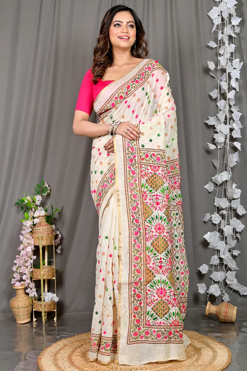 White Cotton Varitikath Kantha Stitch Saree (594)