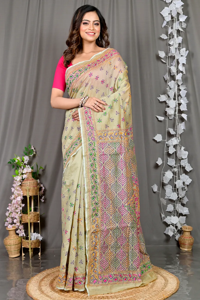 Off-White Cotton Varitikath Kantha Stitch Saree (597)
