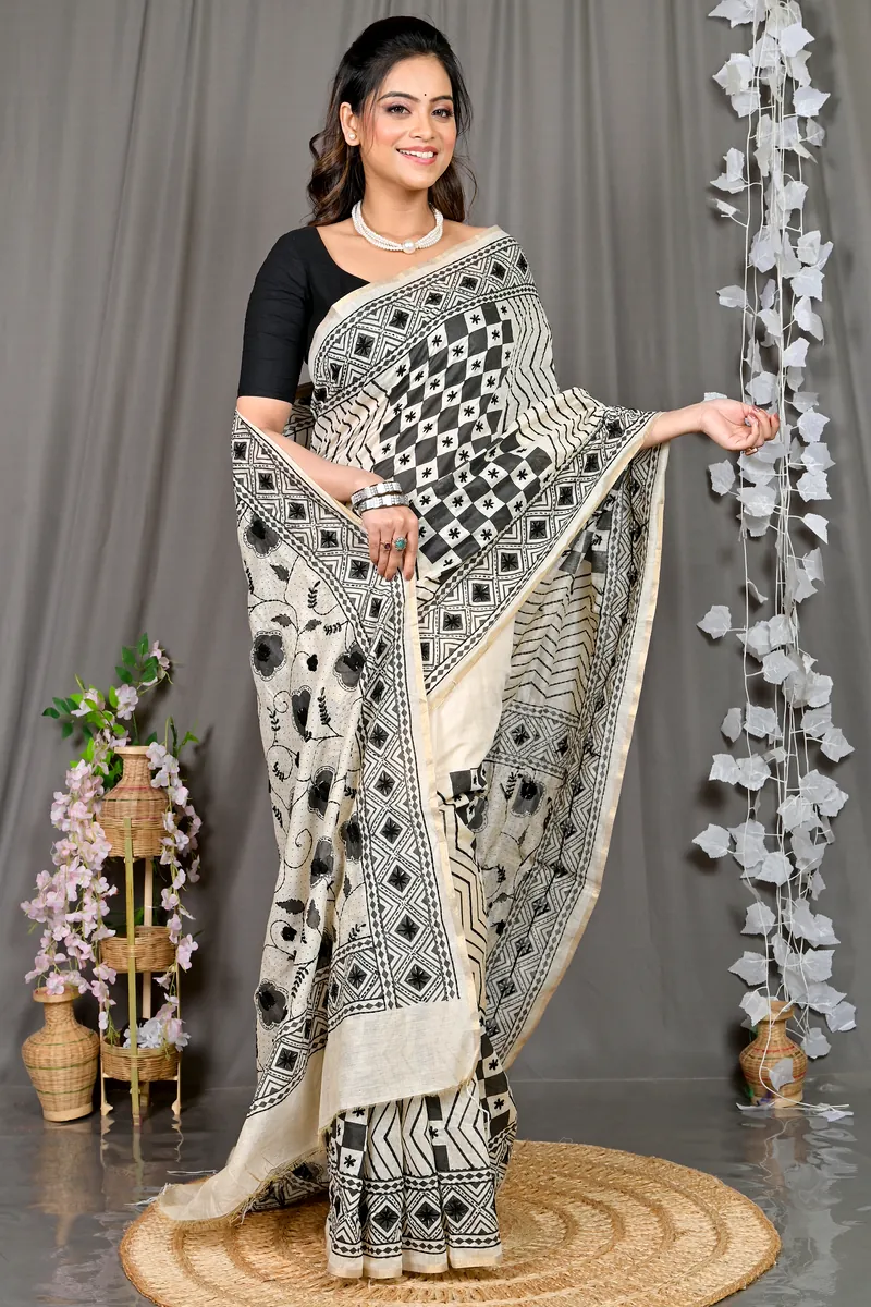 White Cotton Varitikath Kantha Stitch Saree (598)