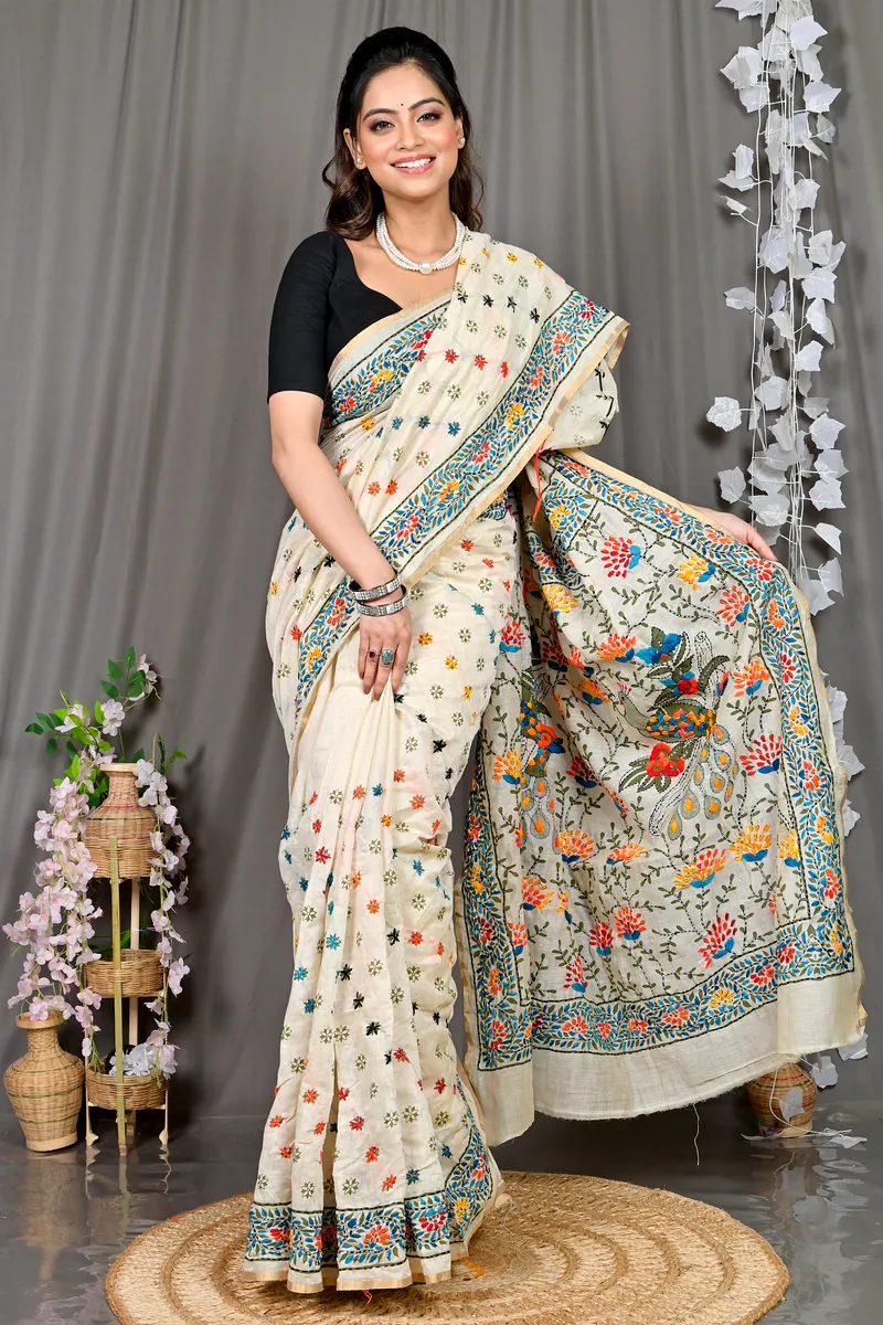 White Cotton Varitikath Kantha Stitch Saree (599)