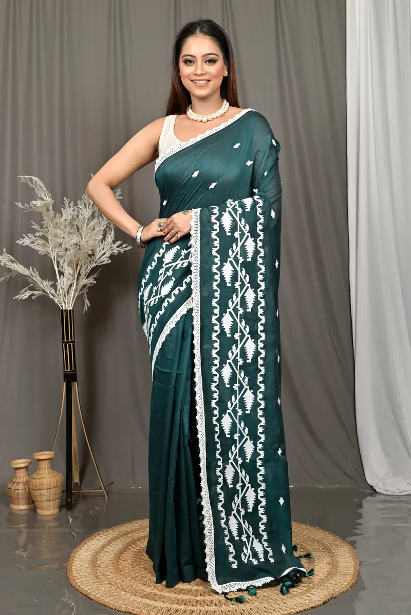 Dark Green Cotton Parepu Handloom Saree  (60)