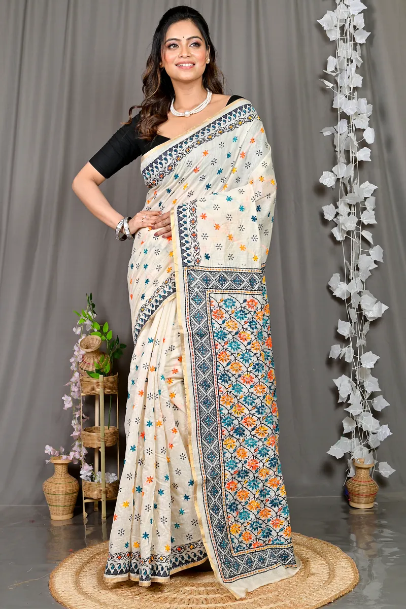 White Cotton Varitikath Kantha Stitch Saree (601)