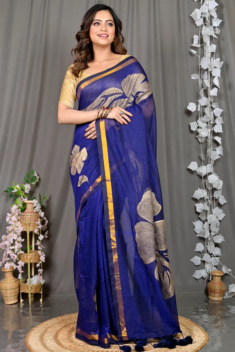 Blue Cotton Blended Soura Printed Handloom Saree (602)