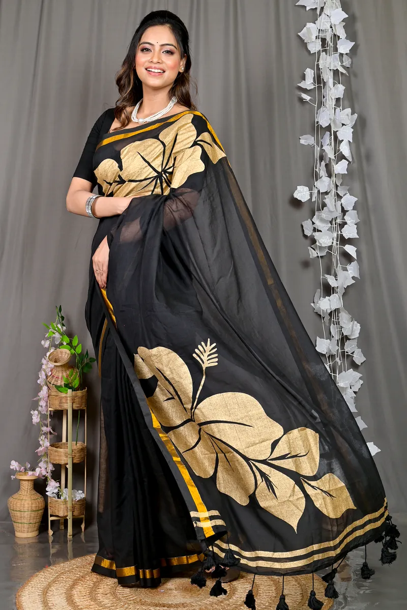 Black Cotton Blended Soura Printed Handloom Saree (603)