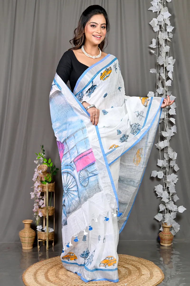 White Blue Pure Cotton Soher Printed Handloom Saree (607)