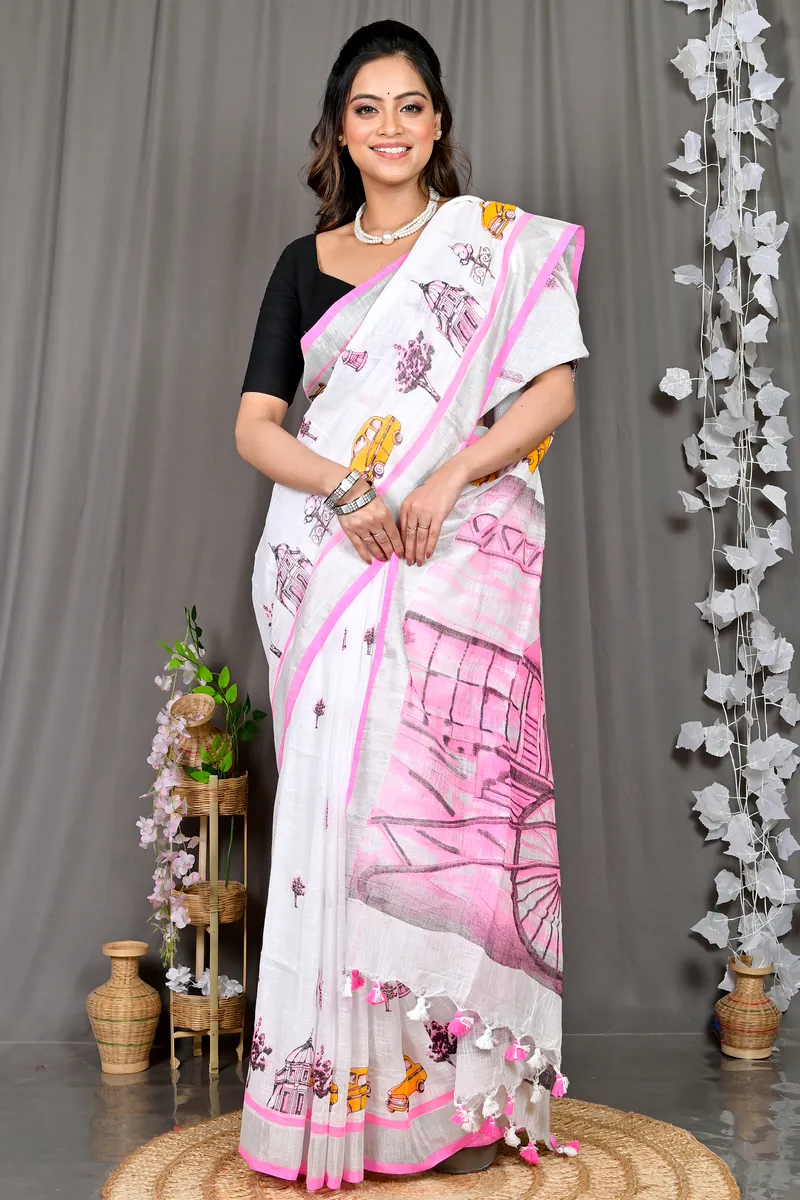 White Pink Pure Cotton Soher Printed Handloom Saree (608)