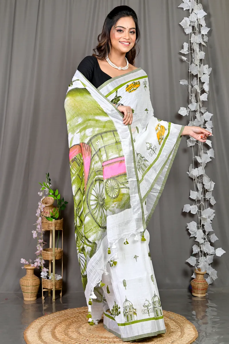White Green Pure Cotton Soher Printed Handloom Saree (609)