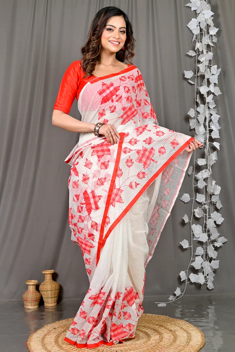 White Red Cotton Variti Aplic Applique Saree (610)