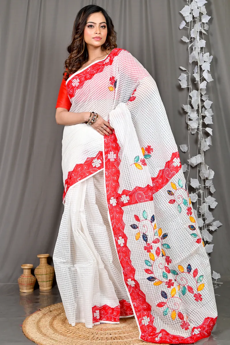 White Red Cotton Variti Aplic Applique Saree (612)