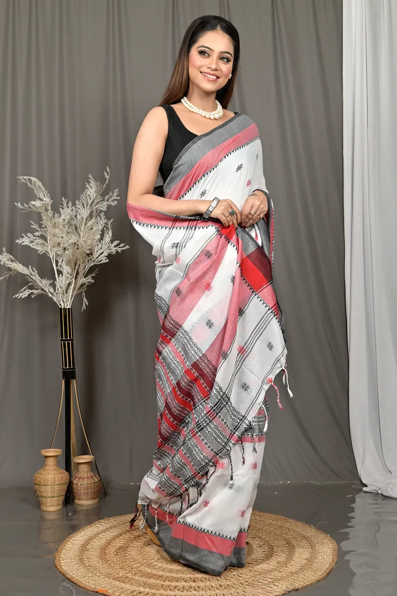 White Red Pure Cotton Borma Handloom Saree  (613)