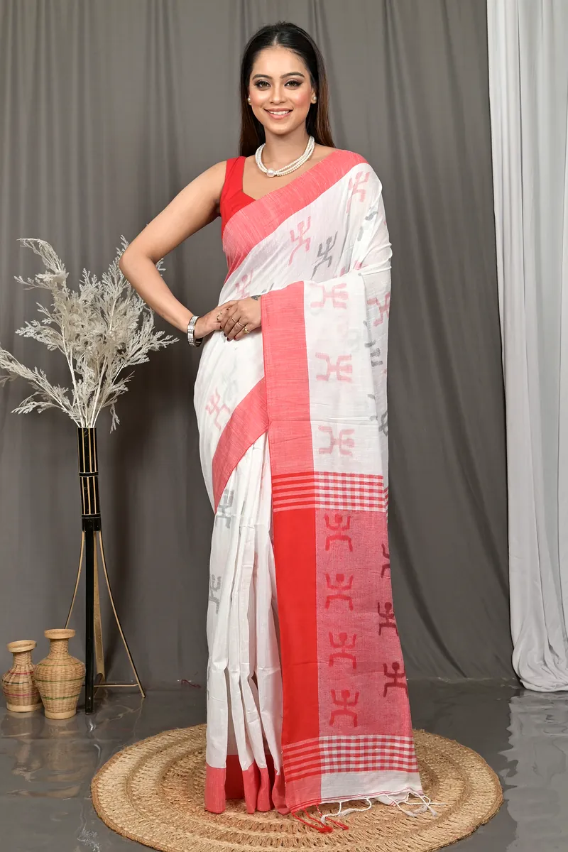 White Red Pure Cotton Borma Handloom Saree  (614)