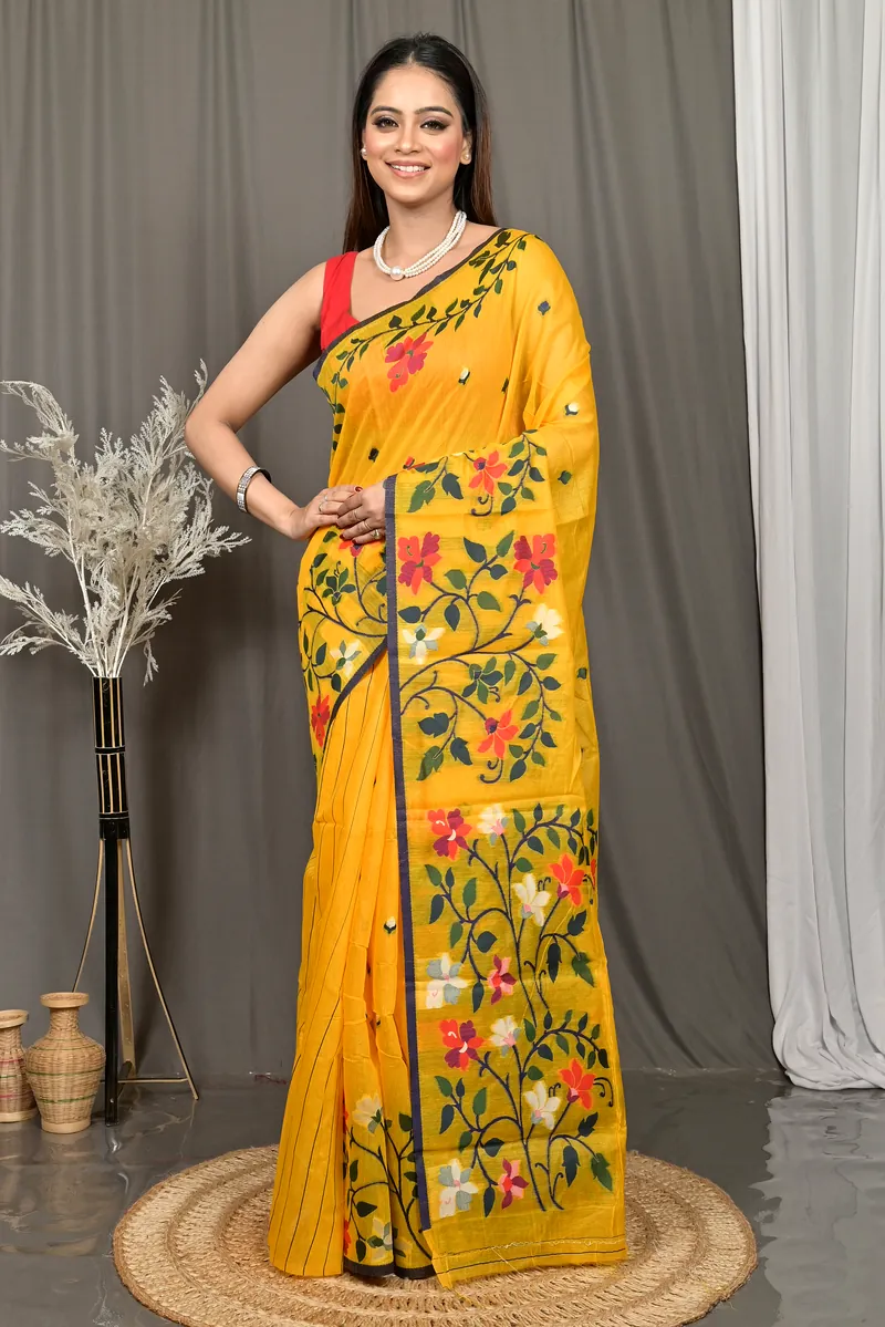 Yellow Cotton Silk Parmix Handloom Saree  (615)