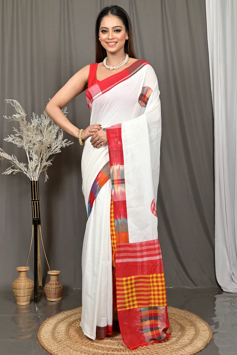 White Red Blended Cotton Aplika Applique Saree  (617)