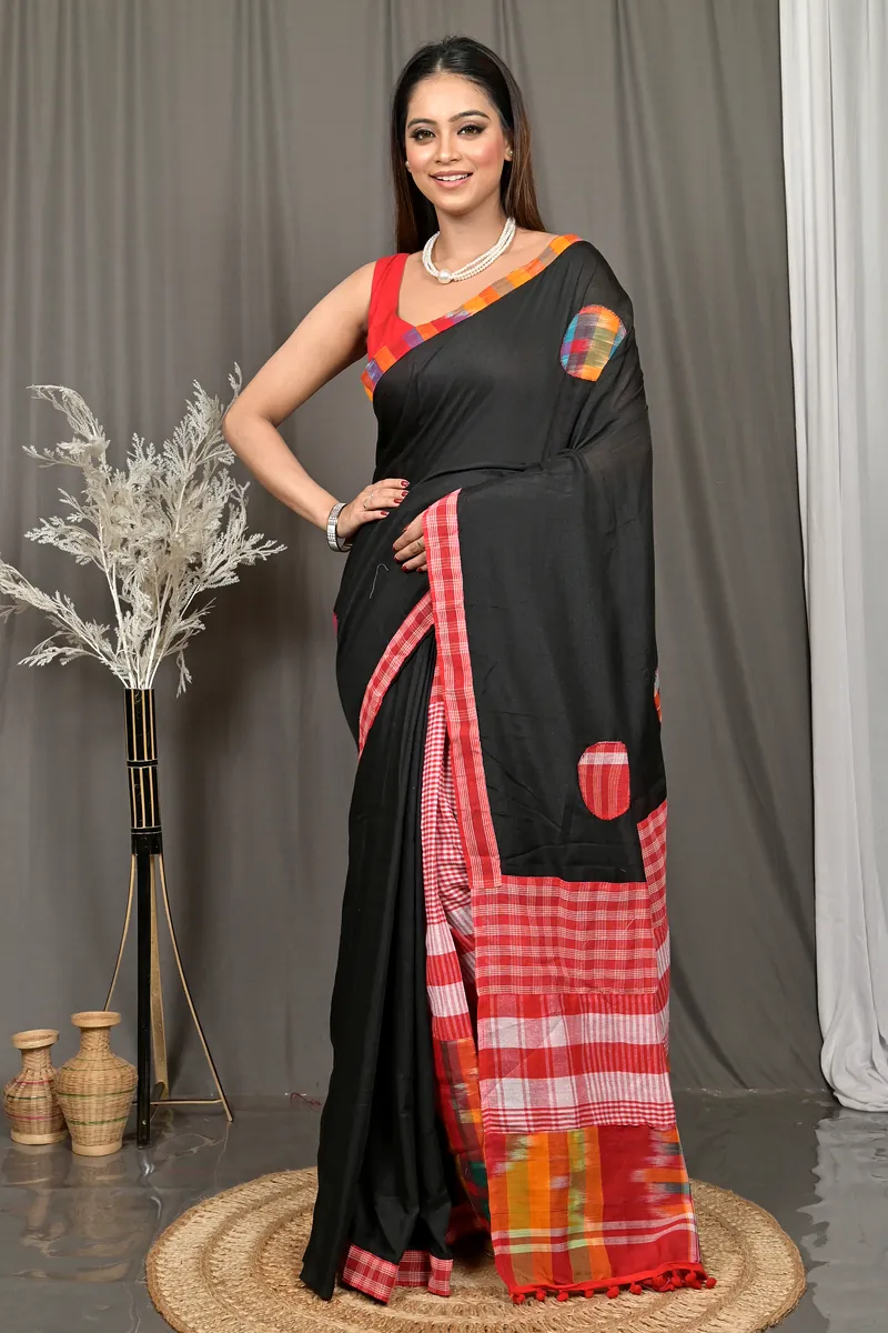 Black Red Blended Cotton Aplika Applique Saree  (618)