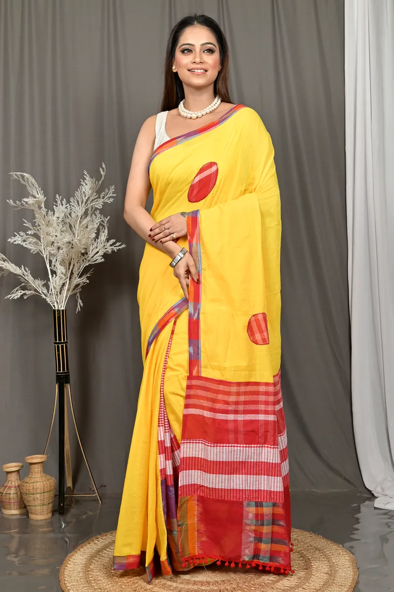 Yellow Red Blended Cotton Aplika Applique Saree  (619)