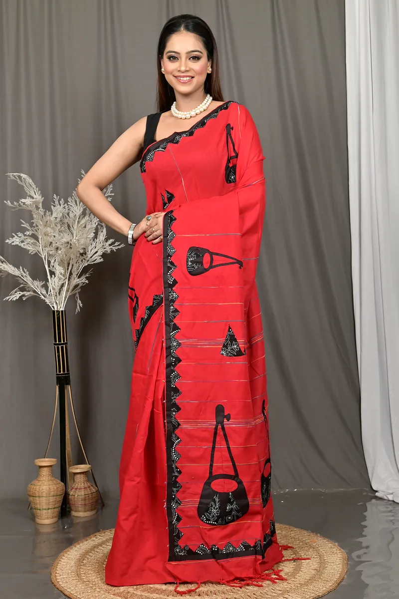 Red Black Blended Cotton Aplika Applique Saree  (620)