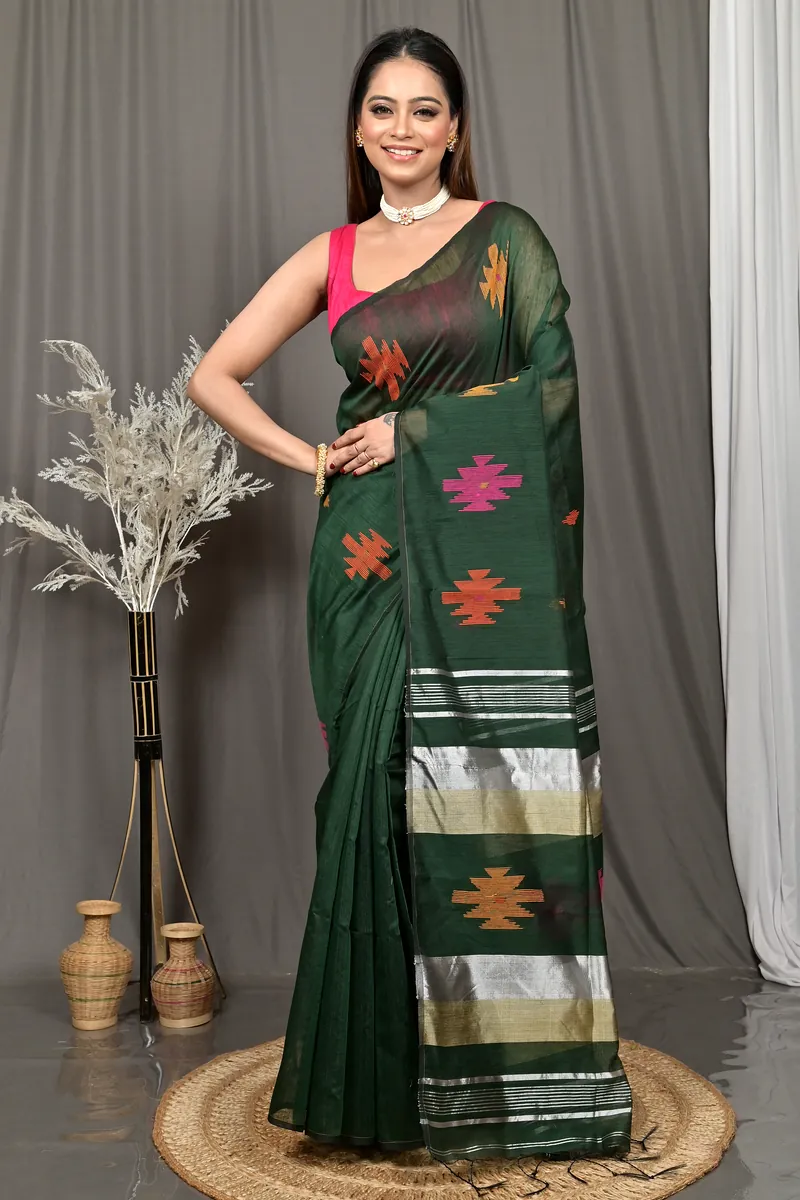 Dark Green Cotton Soulik Handloom Saree  (622)