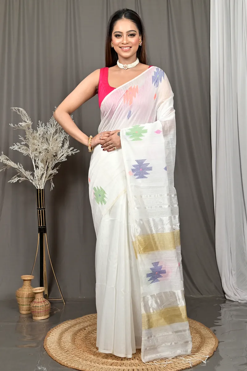 White Cotton Soulik Handloom Saree  (624)