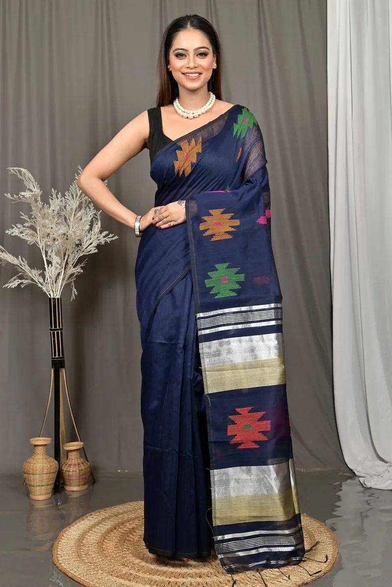 Night Blue Cotton Soulik Handloom Saree  (626)