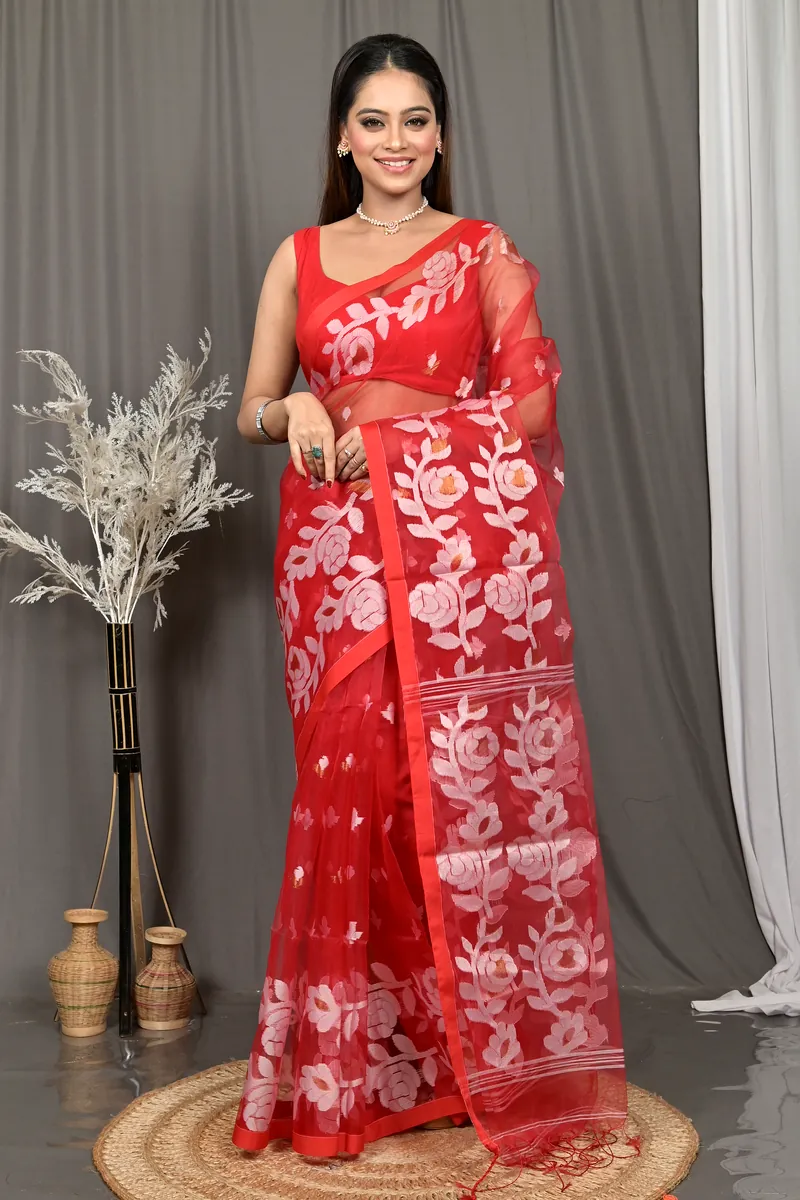 Red Cotton Soulan Muslin saree  (627)