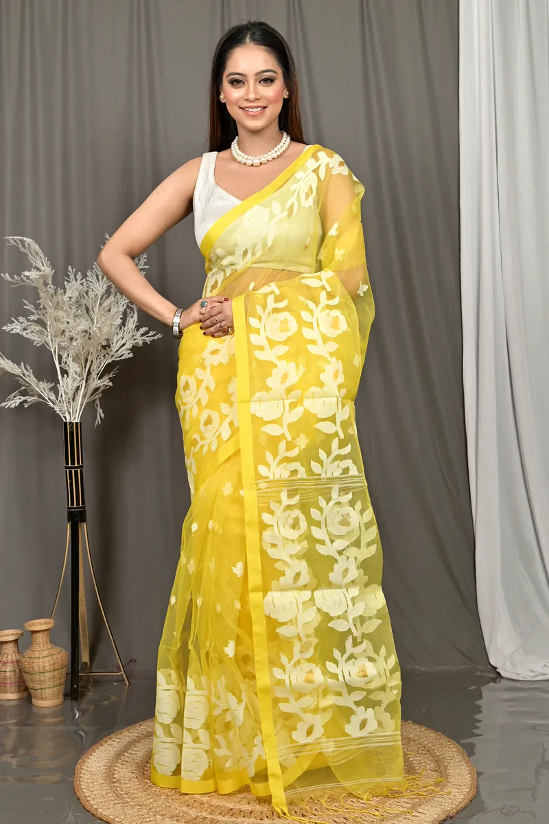 Yellow Cotton Soulan Muslin saree  (628)