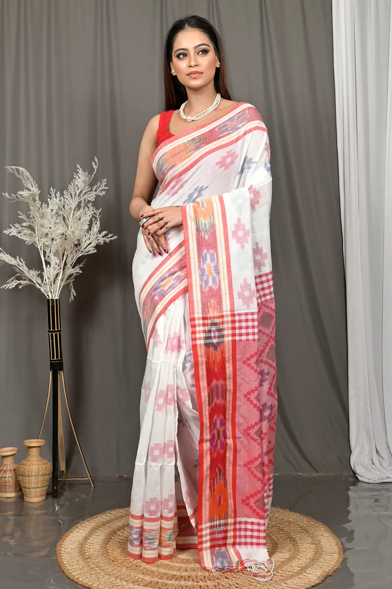 White Red Cotton Soukor Kotki Saree  (629)
