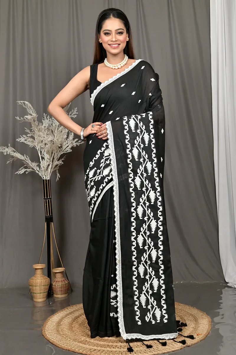 Black Cotton Parepu Handloom Saree  (63)