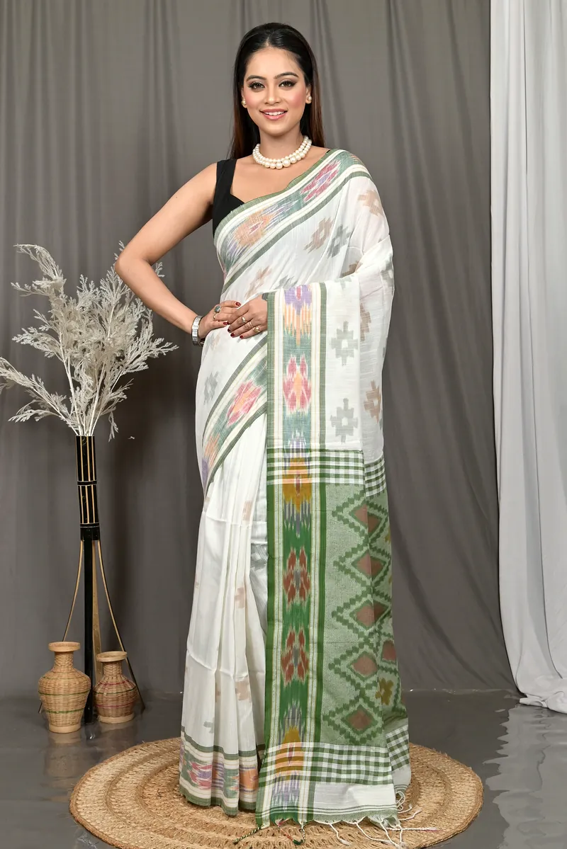 White Green Cotton Soukor Kotki Saree  (630)